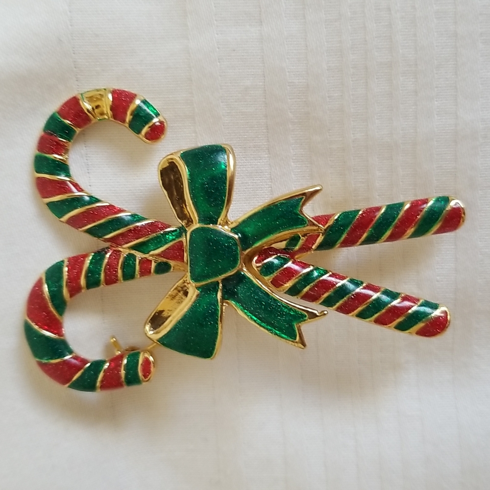 Vintage ALI Gold Candy Cane Bow Enamel Brooch